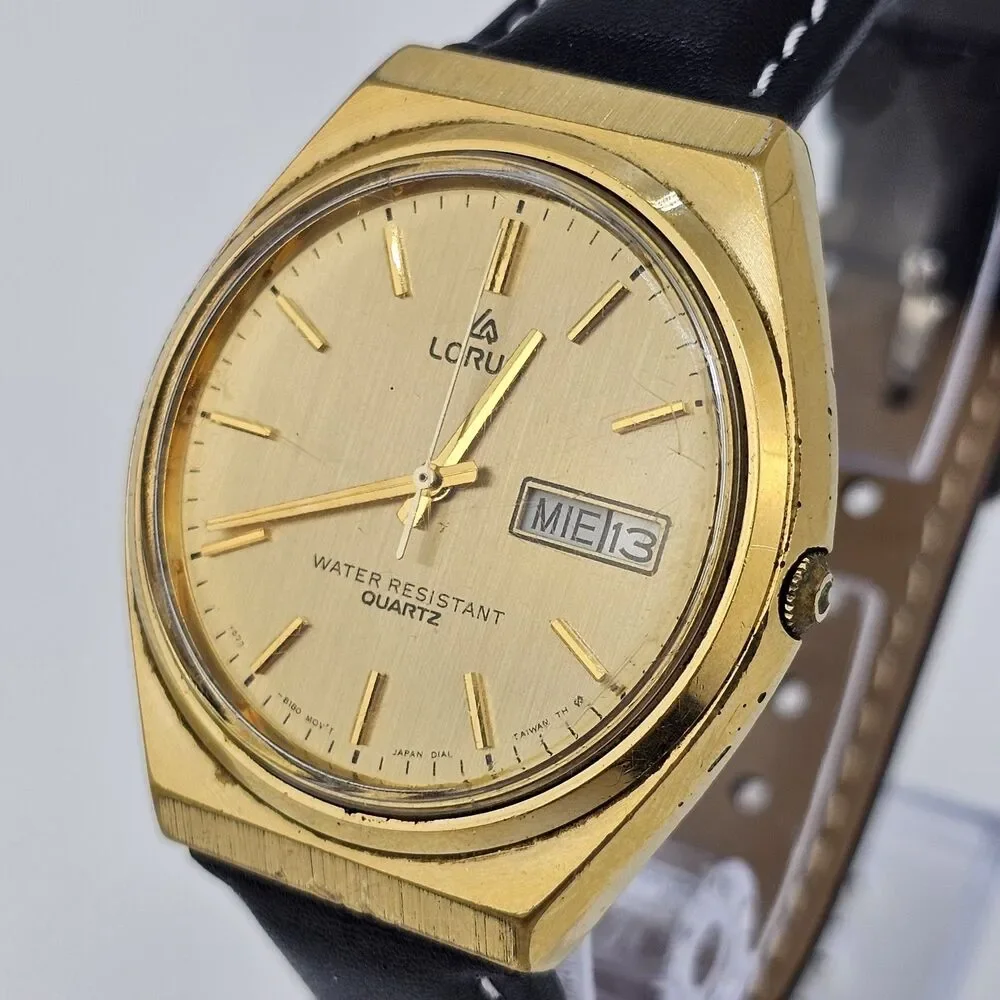 VTG Lorus Men's Watch 36MM Gold Dial DayDate New Black Leather Bands New Battery